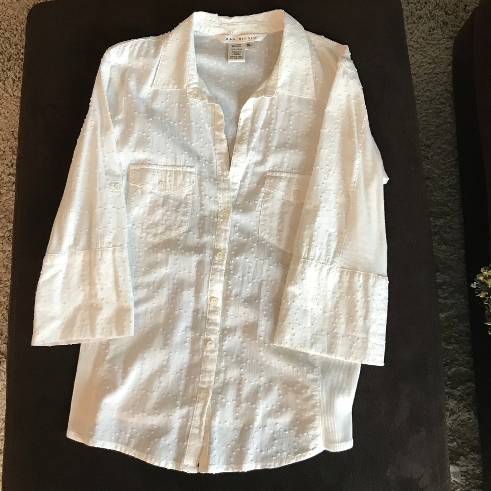 Max Studio White Textured Button-Down Blouse